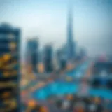 Overview of Dubai skyline with business hubs