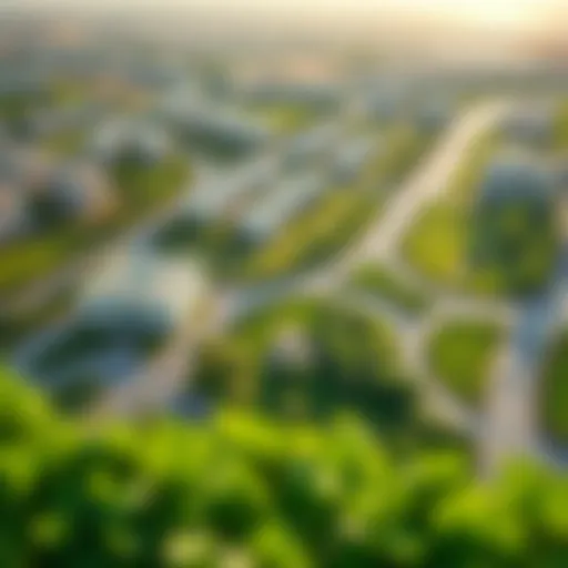Aerial view showcasing the lush green landscapes and modern architecture of Ranim Mudon
