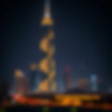 Night view of Sidra Tower illuminated in the Dubai skyline