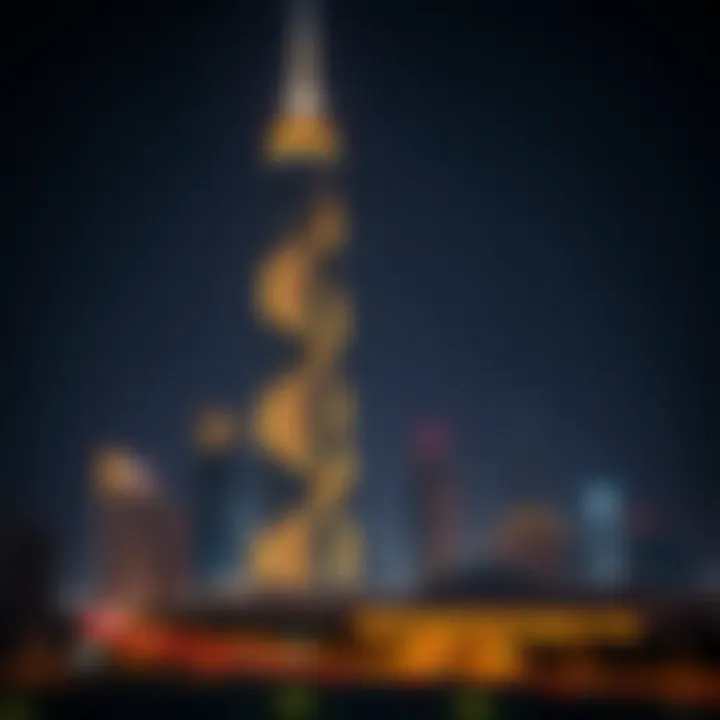 Night view of Sidra Tower illuminated in the Dubai skyline