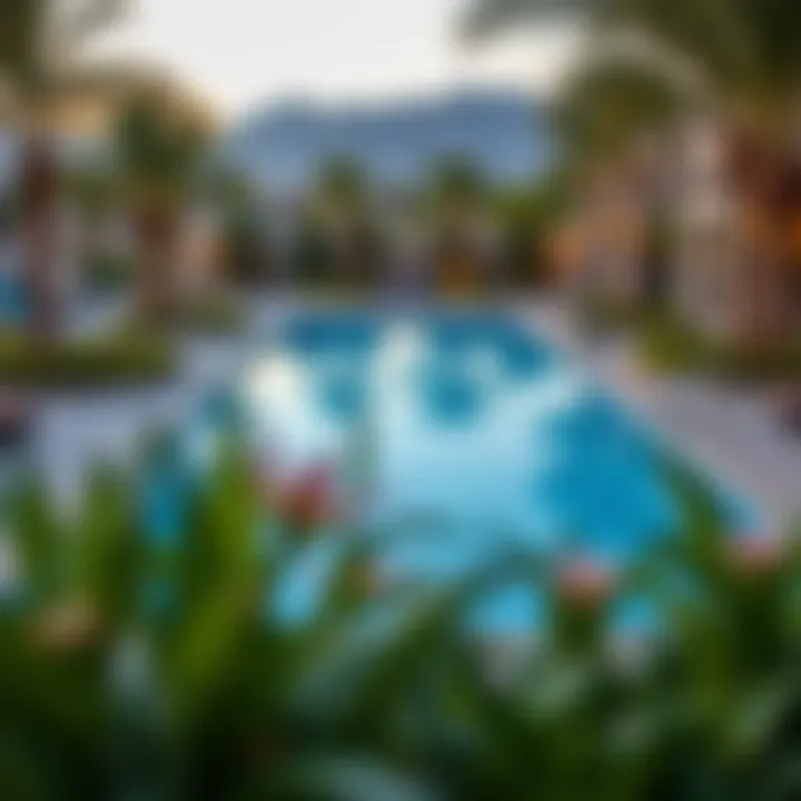 Outdoor pool surrounded by lush landscapes