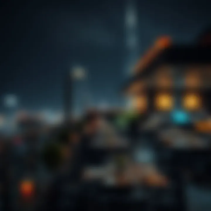 Enchanting Nighttime Rooftop Atmosphere Atmospheric ambiance of a rooftop restaurant at night