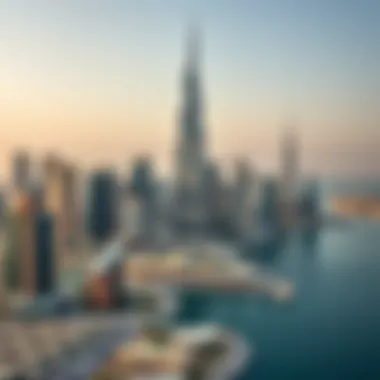 Business Bay skyline featuring the Bay Building as a central landmark