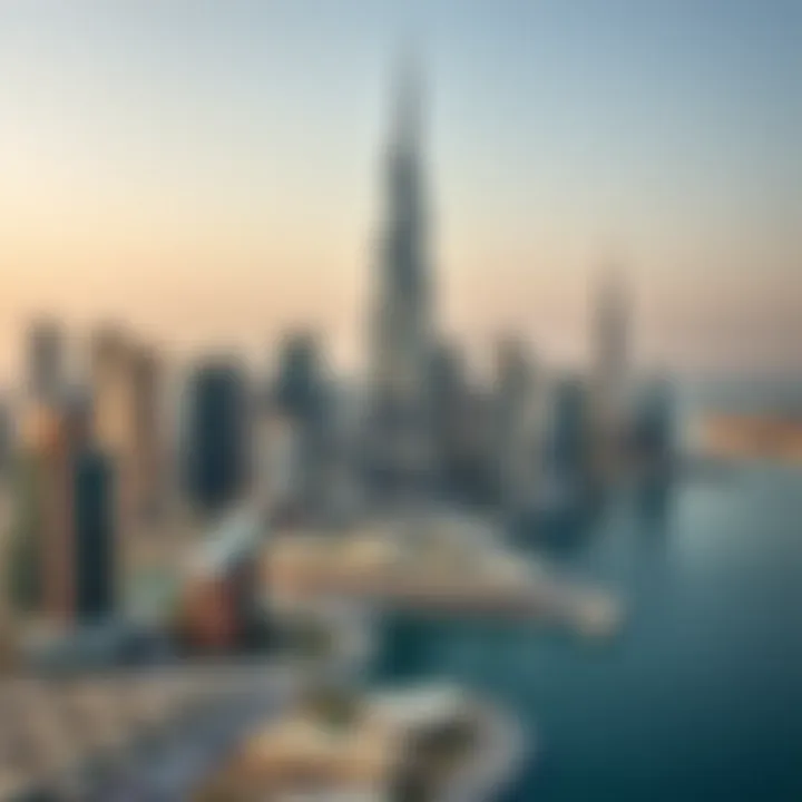 Business Bay skyline featuring the Bay Building as a central landmark