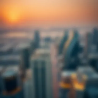 An aerial view of Dubai's urban landscape featuring sunrise buildings
