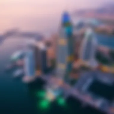 Aerial View of Dubai Marina Featuring The Point Tower Aerial view of Dubai Marina, with The Point Tower prominently featured.